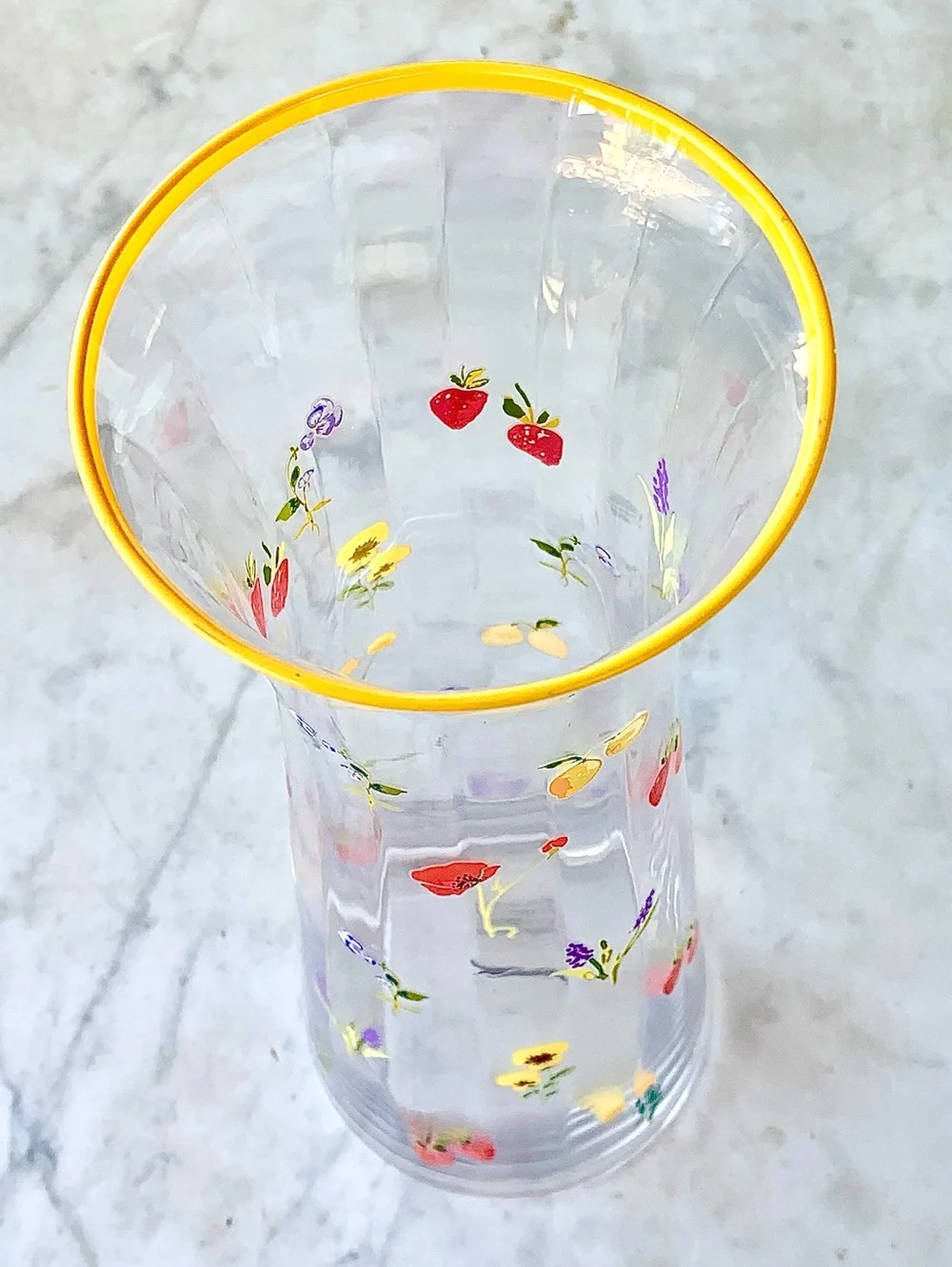 ANTHROPOLOGIE CORDELIA PITCHER CLEAR Glass Vase Yellow Rim and Floral Fruit NEW